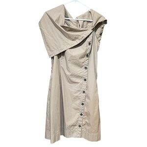 Khaki safari dress asymmetrical button up sleeveless with convertable collar, M
